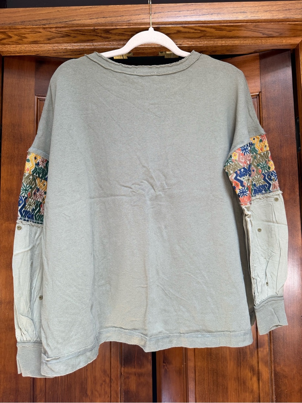 Women's Olive Green Crewneck Sweater with Embroidered Sleeve Panels - Picture 3 of 5